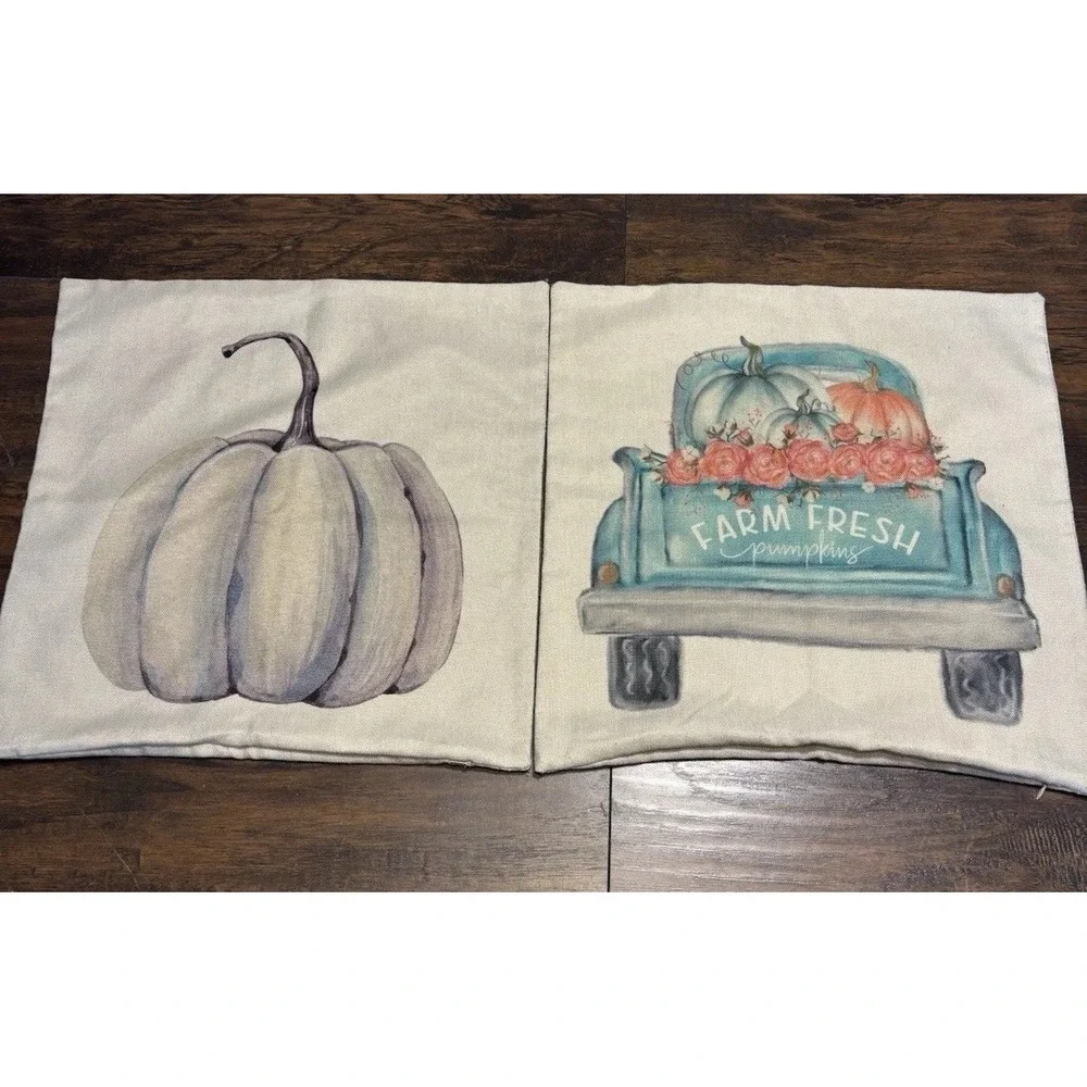 Autumn‎ Fall Teal /Aqua Farm Fresh Pumpkins Truck & Pumpkin 17x17 Pillow Covers